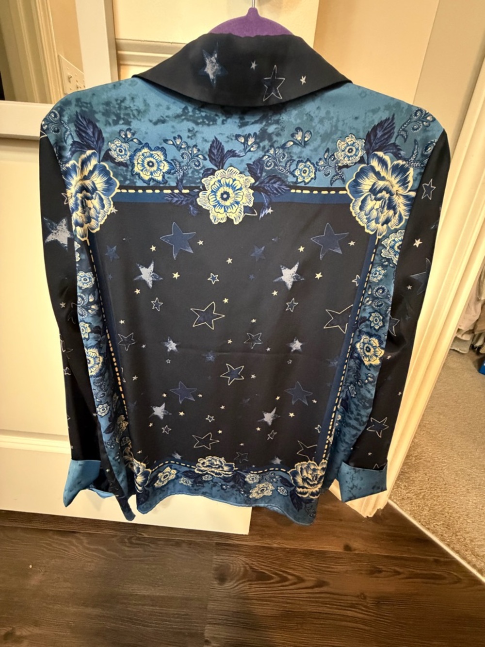 Rachel Zoe Blue Western Floral Star Satin Button-Up Blouse - Picture 3 of 4